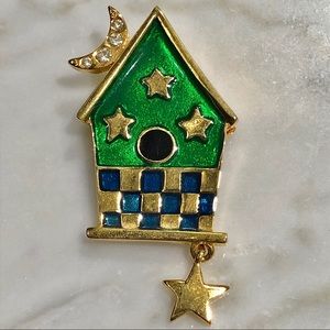 Birdhouse Pin Brooch with dangle star bling